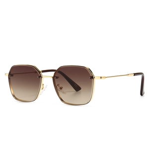 Modern vintage narrow polygon sunglasses for women with golden metal frames and gradient lenses