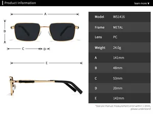 Detailed size chart and specifications for WS1416 square metal polarized sunglasses