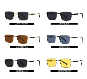 Detail view of six color options for square polarized sunglasses with metal frames