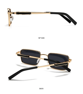 Detailed views of rectangular sunglasses showing the 90-degree side and back gold frames