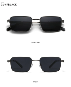Front and top view of gunmetal square sunglasses with black lenses and metal frames