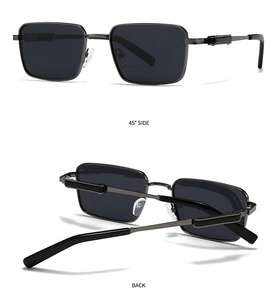 Detailed 45-degree side and back view of grey metal frame rectangular polarized sunglasses