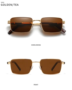 Polarized rectangular sunglasses in gold metal frame with tea lenses, front and top view