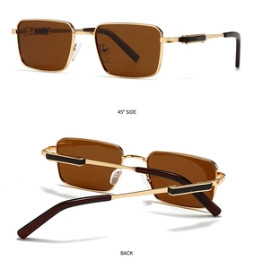 Detail view of square metal polarized sunglasses with gold frame and brown lenses