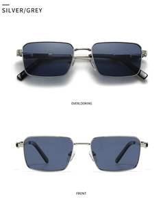Front and top view of silver metal square polarized sunglasses with dark grey lenses