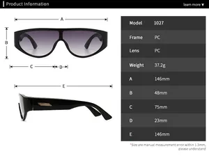 Detailed sizing chart and technical specifications for modern retro round sunglasses