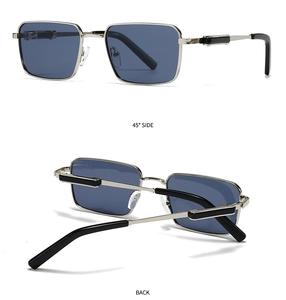 Detail view of square metal polarized sunglasses showing 45-degree side and back angles