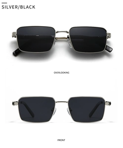 Macro view of silver metal frames and dark lenses on these vintage square sunglasses