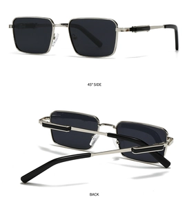 Detail view of square silver metal polarized sunglasses from side and back angles