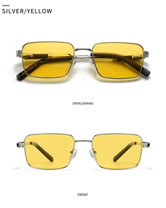 Detail view of retro square silver metal sunglasses with yellow transparent lenses