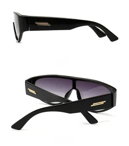 Side and back view of narrow round sunglasses featuring glossy black frames and gold accents