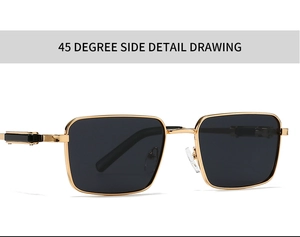 Detailed 45-degree side view of square gold metal sunglasses with dark gray lenses