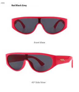 Front and 45-degree side views of modern red narrow round frame sunglasses with dark lenses