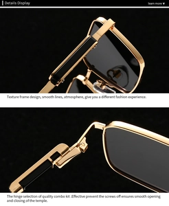 Detail view of premium metal hinges and silicone nose pads on square frame sunglasses