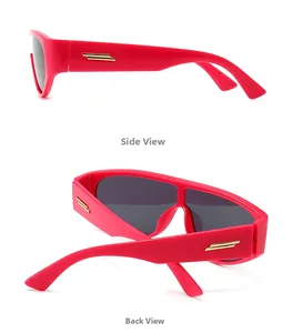 Detail view of pink thick-frame sunglasses showing gold temple accents and side profile