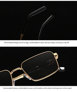 Detail of square gold metal sunglasses frame with matte black anti-slip temples