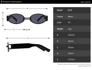 Detailed size chart for retro punk square metal sunglasses showing 142mm frame width