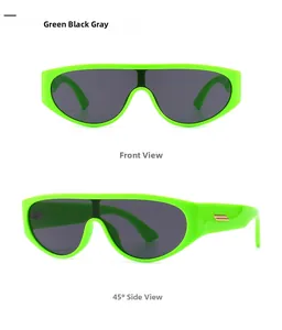 Front and 45-degree side views of fluorescent green retro round frame sunglasses