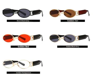 Detailed grid showing vintage oval sunglasses in gold and black frames with diverse lens colors