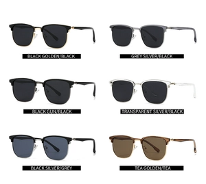 Collage showing six color variants of retro polarized semi-rimless sunglasses for men