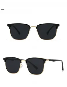 Front and 45-degree side view of classic black and gold semi-rimless polarized sunglasses