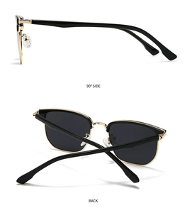 Detail views of black and gold semi-rimless sunglasses showing 90-degree side and back angles