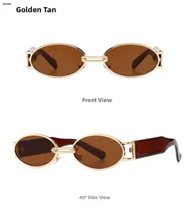 Front and side view of gold metal sunglasses with oval tan lenses and wide temples