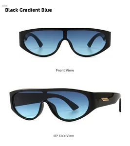 Detail view of black shield sunglasses with gradient blue lenses and gold metal accents