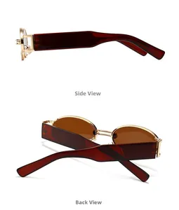 Side and back view of retro oval sunglasses with gold metal frame and tortoiseshell temples