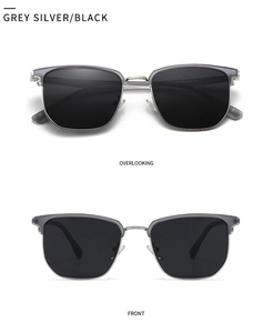 Front and top view of square polarized sunglasses with silver metal bridge and black lenses