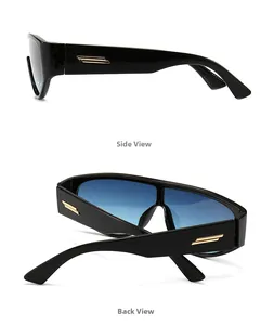 Side and back view of thick black frame sunglasses with gold temple bars and blue lenses