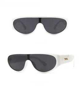 Detail of white modern retro sunglasses with grey lenses and gold metal temple accents