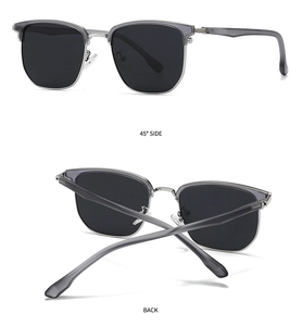 Detail view of semi-rimless polarized sunglasses showing the hinge and 45-degree side angle