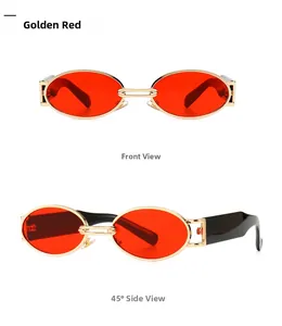 Close-up of retro square sunglasses with red lenses and gold metal frames from dual angles