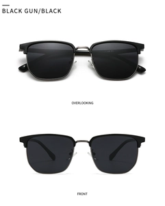Front and top view of retro browline polarized sunglasses in black and gunmetal finish
