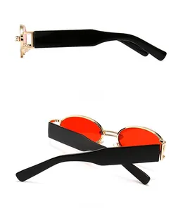 Side and back view of retro oval sunglasses with orange lenses and black frames