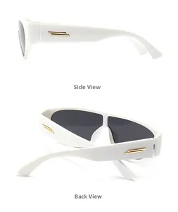 Side and back view of white round sunglasses with signature gold metal stripe details