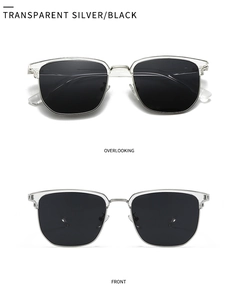Front and top views of large square sunglasses with transparent silver frames and dark lenses