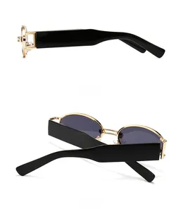 Detailed side and back views of vintage punk square metal sunglasses with thick black temples