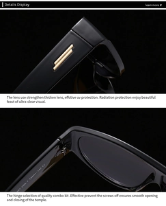 Detail view of the black frame sunglasses showing the premium gold metal hinge and hardware