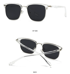 Detail view of polarised retro square sunglasses showing 45-degree side and back fold angles