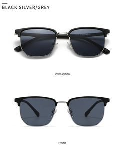 Close-up of semi-rimless polarized sunglasses with black frame and grey lenses