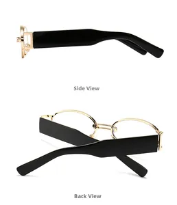 Detailed side and back view of retro punk square sunglasses with gold metal frames