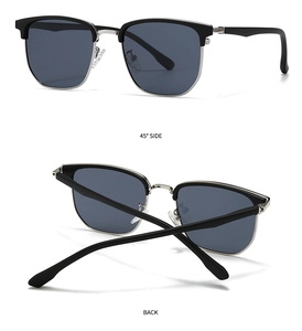 Detailed views of semi-rimless polarized sunglasses with black frames and silver metal trim