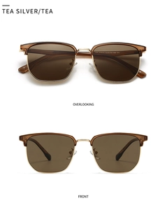 Detailed front and top view of semi-rimless tea brown polarized vintage sunglasses