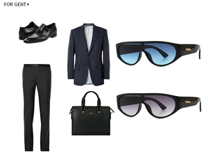 Flat lay of navy pinstripe suit with leather briefcase and bold gradient sunglasses
