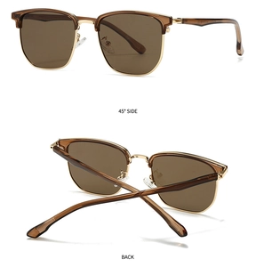 Detailed side and back views of brown Clubmaster sunglasses with golden metal bridge
