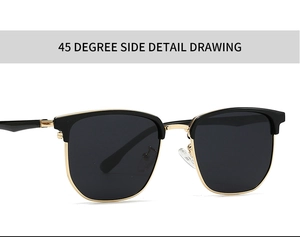 Detail of vintage black and gold browline sunglasses with polarized lenses shown at 45 degrees