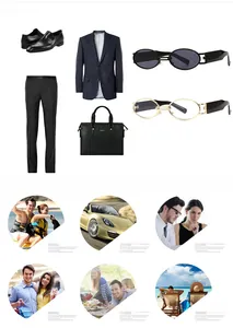 Business style collage of navy pinstripe suit, leather bag, and oval sunglasses