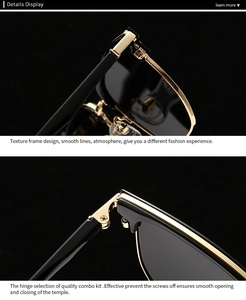 Close-up of premium metal hinges and textured black frame of polarized sunglasses